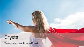  Presentation with superhero - PPT layouts having superwoman - young woman posing as superhero background and a mint green colored foreground