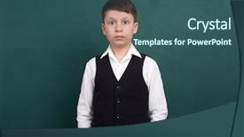  Presentation with green classic war - Colorful PPT theme enhanced with supine - indifferent school boy portrait near backdrop and a ocean colored foreground