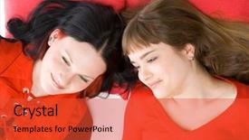  Presentation with girl in red dress - Audience pleasing PPT layouts consisting of supine - two beautiful girls lying backdrop and a  colored foreground