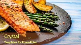  Presentation with asparagus - Beautiful presentation theme featuring supper - grilled salmon with baked potatoes backdrop and a tawny brown colored foreground