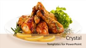  Presentation with chicken poultry farm white layer - Slides with supper - roast chicken drumsticks on white background and a yellow colored foreground