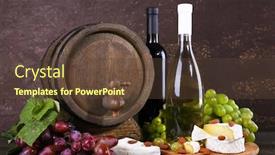  Presentation with camembert - Presentation theme featuring supper consisting of camembert cheese wine and grapes on cutting board and wine barrel on wooden table on brown background background and a tawny brown colored foreground