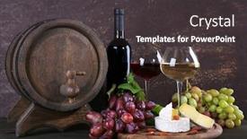  Presentation with camembert - Amazing presentation theme having supper consisting of camembert cheese wine and grapes on cutting board and wine barrel on wooden table on brown background backdrop and a dark gray colored foreground