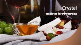  Presentation with wine cheese - Slides featuring supper consisting of camembert and brie cheese honey wine and grapes on napkin on curtain background background and a wine colored foreground