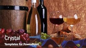  Presentation with wine barrel - PPT theme featuring supper consisting of camembert and brie cheese honey wine and grapes on napkin in basket and wine barrel on wooden table on brown background background and a tawny brown colored foreground
