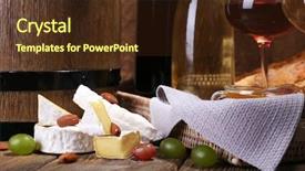  Presentation with camembert - PPT layouts with supper consisting of camembert and brie cheese wine and grapes on napkin in basket and wine barrel on wooden table on brown background background and a tawny brown colored foreground