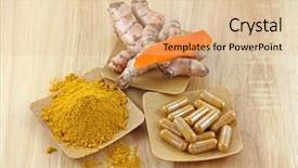  Presentation with turmeric - Slide set featuring mature turmeric rhizomes powder curcumin background and a lemonade colored foreground