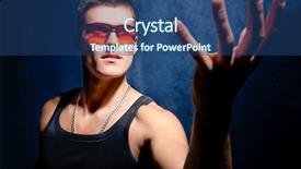  Presentation with hold hand - Slide deck featuring suppliant looking male whit orange sunglasses hold hand up dark background background and a ocean colored foreground