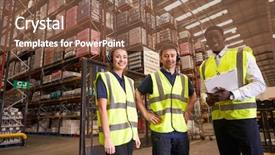  Presentation with distribution - Amazing PPT theme having supplier management - distribution warehouse manager and colleagues backdrop and a violet colored foreground