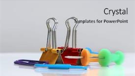  Presentation with colorful - Audience pleasing PPT theme consisting of supplies clips and push pins backdrop and a light gray colored foreground