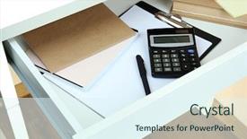  Presentation with office desk reception - Cool new presentation design with supplies in open desk drawer backdrop and a sky blue colored foreground