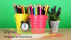  Presentation with school resources - Audience pleasing slide deck consisting of supplies on table on green backdrop and a  colored foreground