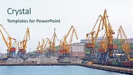  Presentation with sea port - Slide deck featuring supply vessel - view of modern sea port background and a sky blue colored foreground