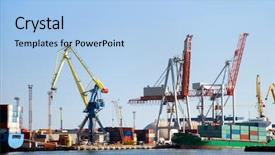  Presentation with cargo ship - Colorful presentation theme enhanced with supply vessel - view on the port backdrop and a light blue colored foreground