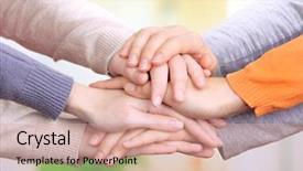  Presentation with support - Presentation theme having support - human hands on bright background background and a coral colored foreground