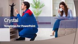  Presentation with home - Cool new PPT layouts with support maintenance - repairman repairing tv at home backdrop and a ocean colored foreground