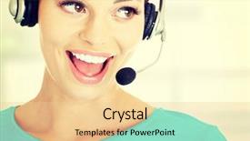  Presentation with call center reporting - Slide set having support staff - beautiful young call-center assistant smiling background and a  colored foreground