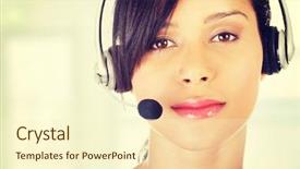  Presentation with call center - Presentation featuring support staff - beautiful young call-center assistant smiling background and a  colored foreground