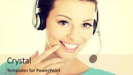  Presentation with call center software - Slide set featuring support staff - beautiful young call-center assistant smiling background and a  colored foreground