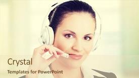  Presentation with call center software - PPT layouts featuring support staff - beautiful young call-center assistant background and a  colored foreground