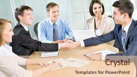  Presentation with shaking hands - Beautiful PPT layouts featuring support staff - business people shaking hands finishing backdrop and a  colored foreground