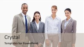  Presentation with team - Amazing slide set having support staff - business team smiling side backdrop and a mint green colored foreground