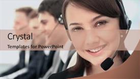  Presentation with call center management - PPT layouts consisting of support staff - call center operator women background and a coral colored foreground