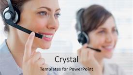  Presentation with work - Colorful slide set enhanced with support staff - call centre agents with headsets backdrop and a coral colored foreground