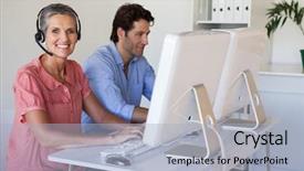  Presentation with business casual - Cool new slides with support staff - casual business team working backdrop and a light blue colored foreground