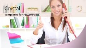  Presentation with contact lens - Presentation theme featuring support staff - contact us background and a coral colored foreground