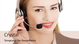  Presentation with call center management - Presentation theme featuring support staff - smiling call center woman background and a  colored foreground