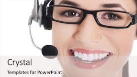  Presentation with call center - Beautiful PPT theme featuring support staff - smiling call center woman backdrop and a  colored foreground