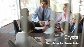  Presentation with business group meeting - Colorful presentation enhanced with support staff - top view of business people backdrop and a dark gray colored foreground