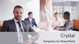  Presentation with big group people - Beautiful presentation theme featuring support staff - young business people group have backdrop and a  colored foreground