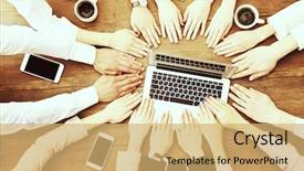  Presentation with team business top view - Cool new slides with support team - business people hands top view backdrop and a  colored foreground