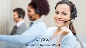  Presentation with customer service lifting the words - Audience pleasing slide deck consisting of support team - portrait of smiling customer service backdrop and a light blue colored foreground