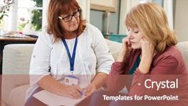  Presentation with senior worker - PPT theme having support worker visits senior woman background and a coral colored foreground