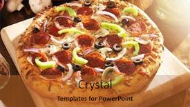  Presentation with italian food about pizza - Presentation theme having fast food restaurant - supreme italian pizza with pepperoni background and a red colored foreground