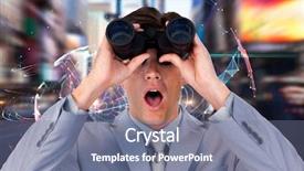  Presentation with blue global - Audience pleasing presentation design consisting of suprised businessman looking through binoculars backdrop and a gray colored foreground