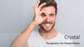  Presentation with grey - Colorful slides enhanced with sure - handsome young man over grey backdrop and a sky blue colored foreground