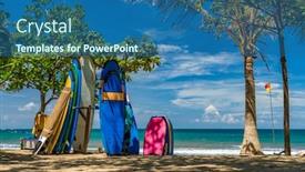  Presentation with bali - Amazing slide deck having surf-boards-on-the-beach backdrop and a ocean colored foreground