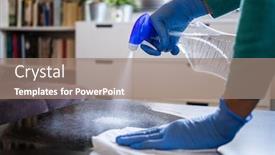  Presentation with medical prevention - Slide deck with surface-home-cleaning-spraying-antibacterial background and a coral colored foreground