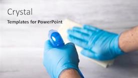  Presentation with cleaning - Colorful presentation design enhanced with surface-home-cleaning-spraying-antibacterial backdrop and a sky blue colored foreground