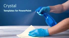  Presentation with cleaning - Slide deck featuring surface-home-cleaning-spraying-antibacterial background and a ocean colored foreground
