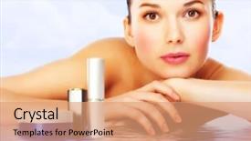  Presentation with makeup products - Presentation design having ell - beautiful woman with professional makeup background and a coral colored foreground