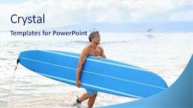  Presentation with sport blue - Slides with surfboard sexy athletic guy all background and a sky blue colored foreground