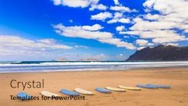  Presentation with surfing - PPT layouts consisting of surfboards-on-wide-sandy-beach background and a coral colored foreground