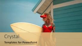  Presentation with water sports - PPT theme having surfer-girl-posing-with-board background and a yellow colored foreground