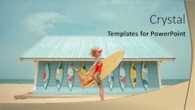  Presentation with water sports - PPT layouts with surfer-girl-running-with-board background and a light blue colored foreground