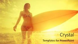  Presentation with peter walking on water - Amazing PPT layouts having surfer girl walking with board backdrop and a  colored foreground